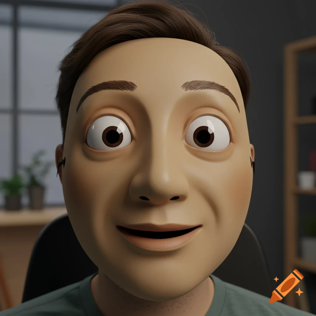 Close-up of a cartoon-style mask with large, wide eyes and a smiling mouth, suitable for a YouTuber.