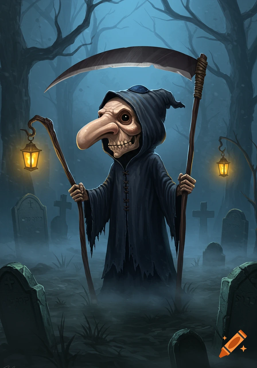 Cartoonish Grim Reaper with a large nose and kippa holding a scythe and lantern in a misty graveyard with bare trees and tombstones.