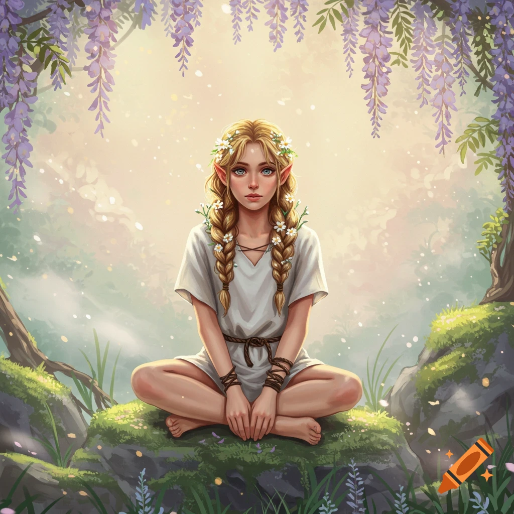 A blonde elf woman with long braids adorned with flowers, sitting cross-legged on a mossy rock under purple wisteria vines in a soft, ethereal forest.