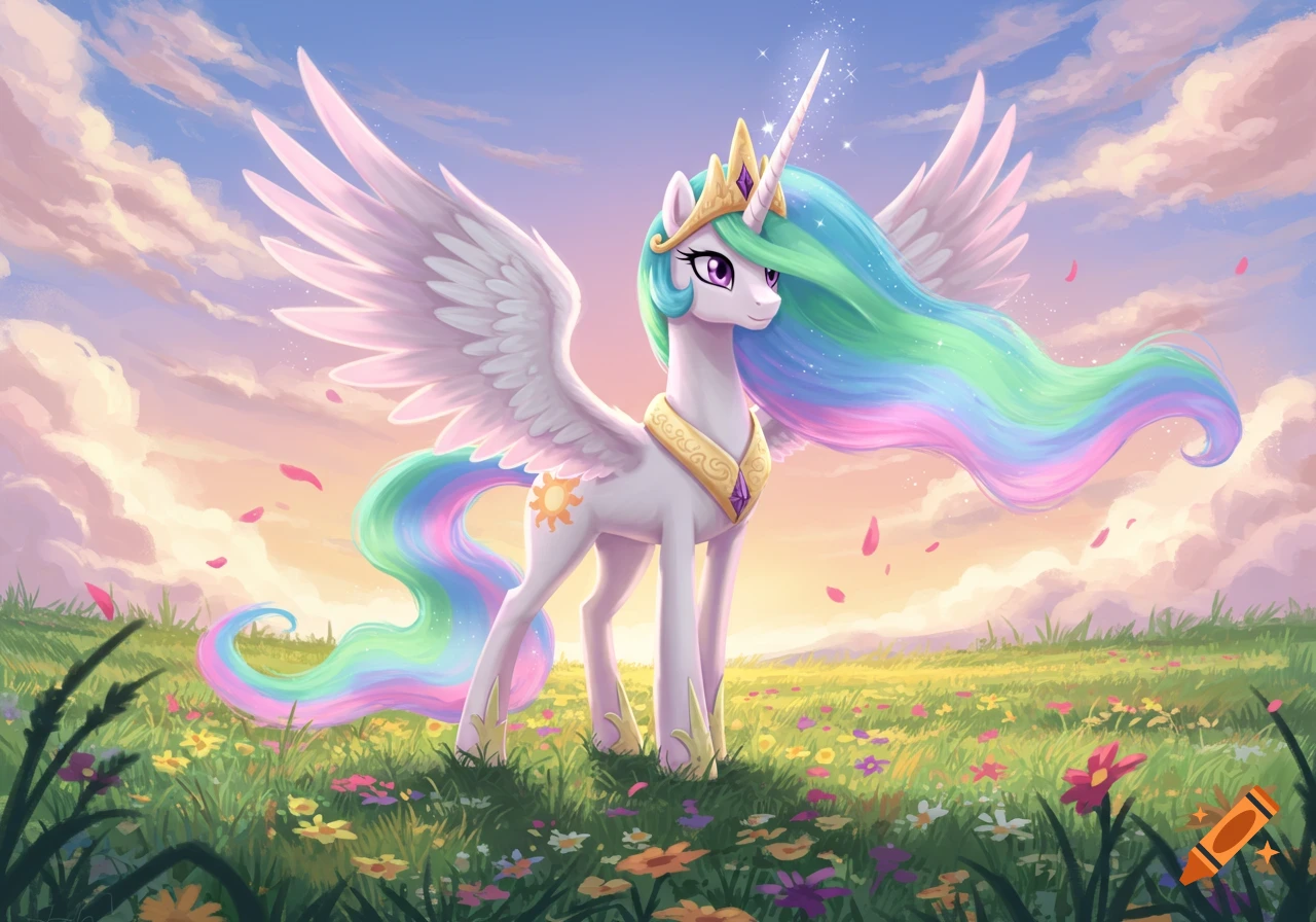 Princess Celestia, an alicorn with rainbow mane, in a flower field at sunset, animated style.