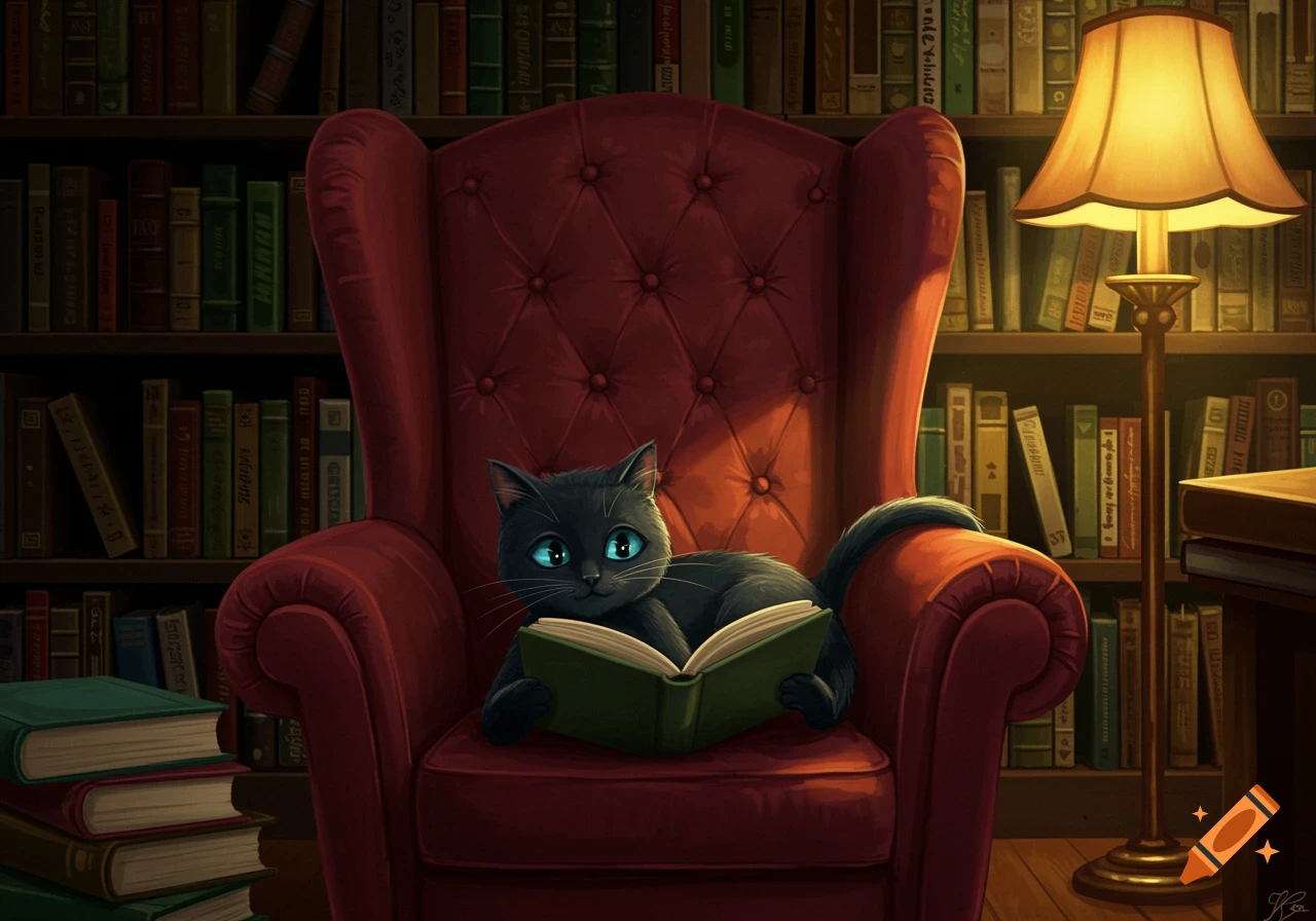 A cute black cat with blue eyes sits in a red armchair, reading an open green book in a cozy library with bookshelves.