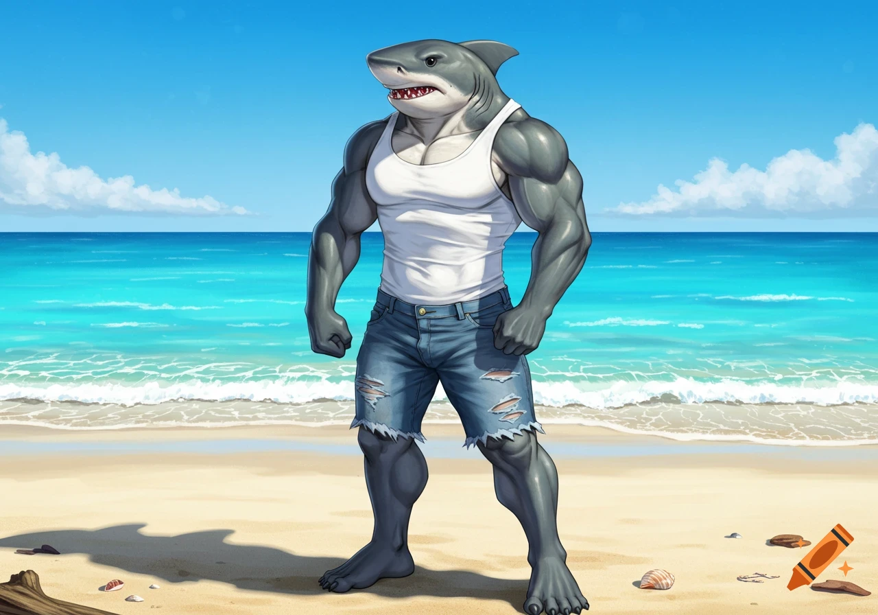 A muscular anthropomorphic bull shark in a white tank top and ripped jean shorts stands on a sandy beach.