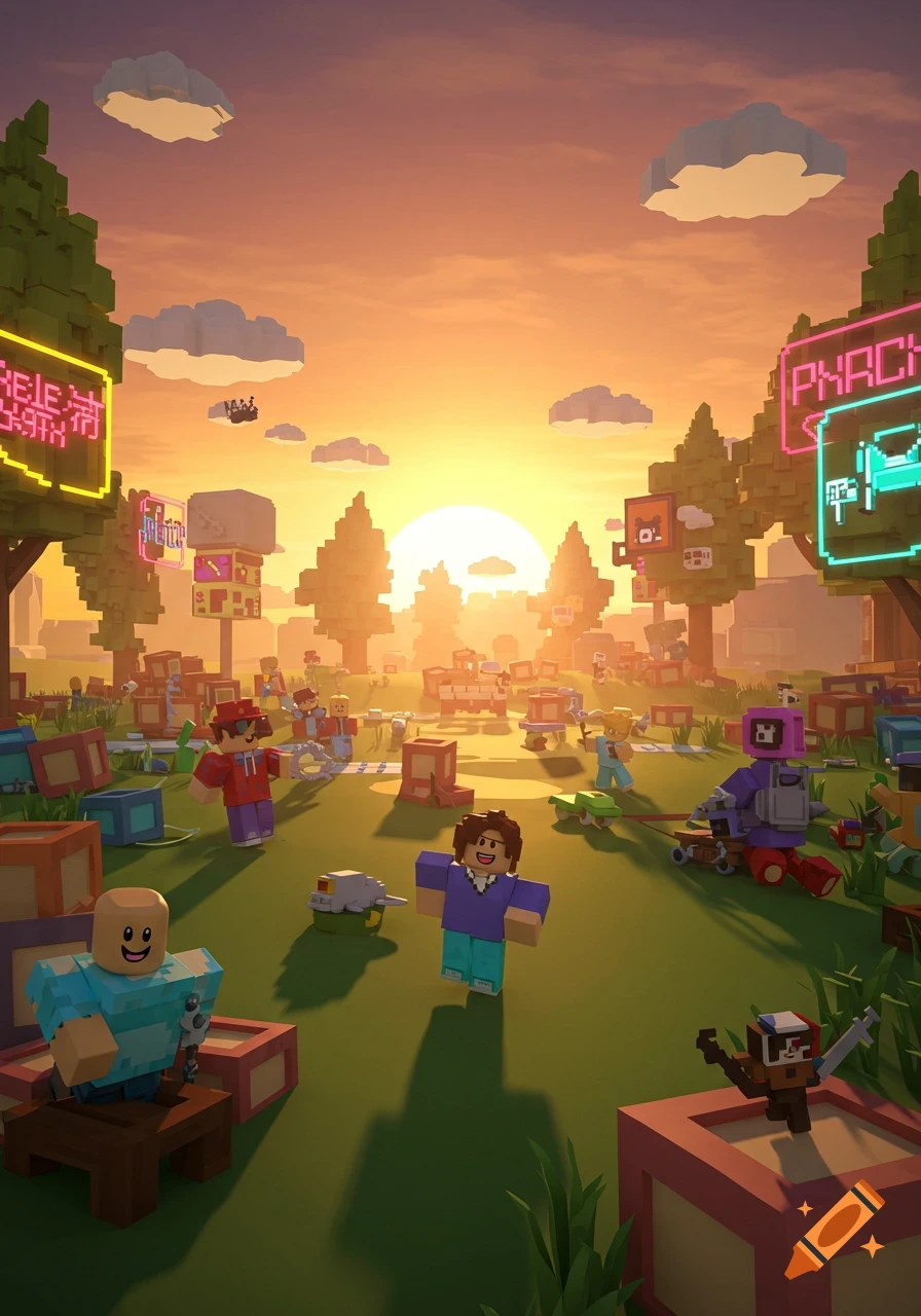 Blocky 3D characters, reminiscent of Roblox, gather in a vibrant green field under an orange sunset sky, surrounded by trees and neon signs.