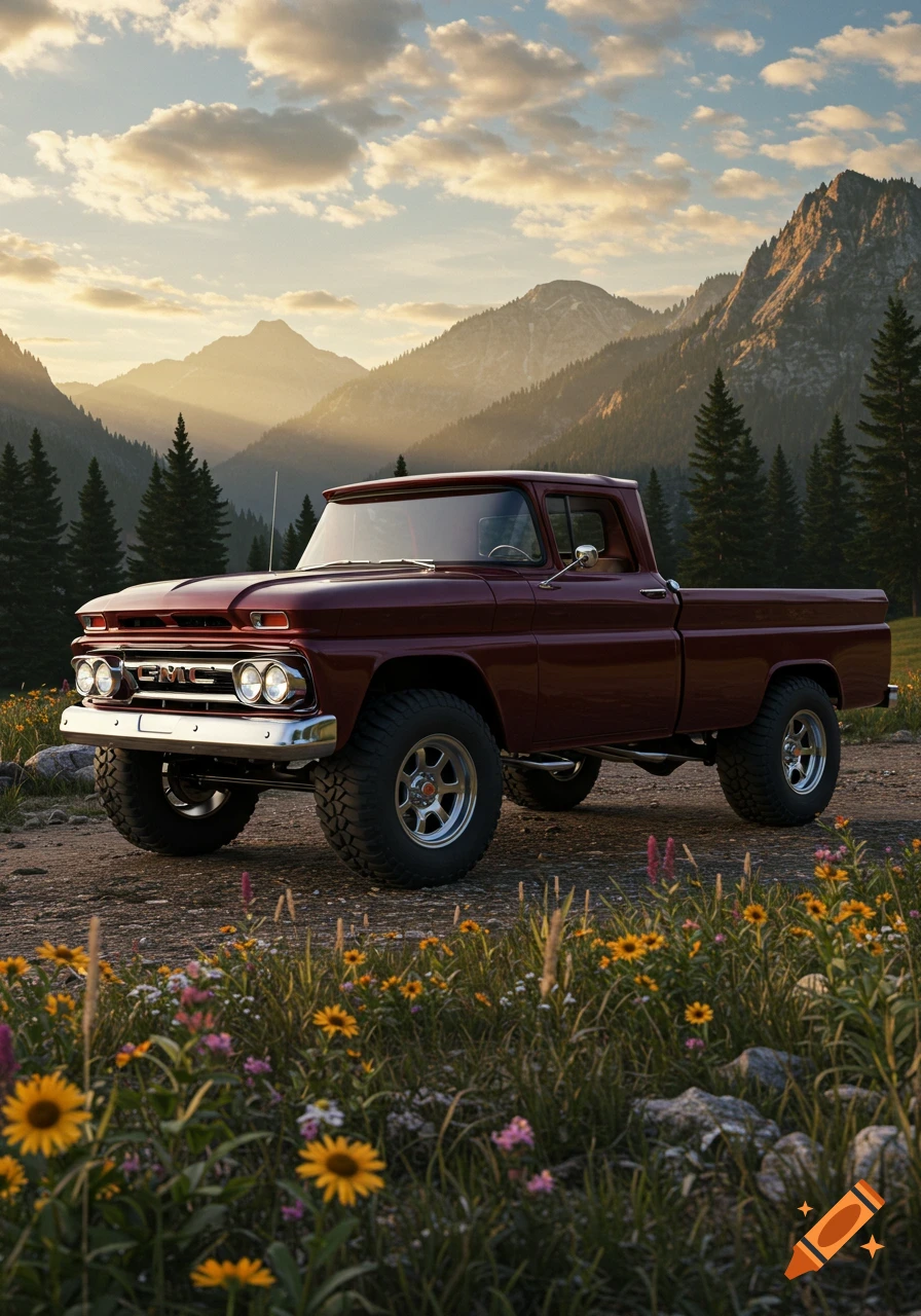 Photorealistic image of a vintage maroon GMC pickup truck on a dirt road in a mountain valley with wildflowers at sunset.