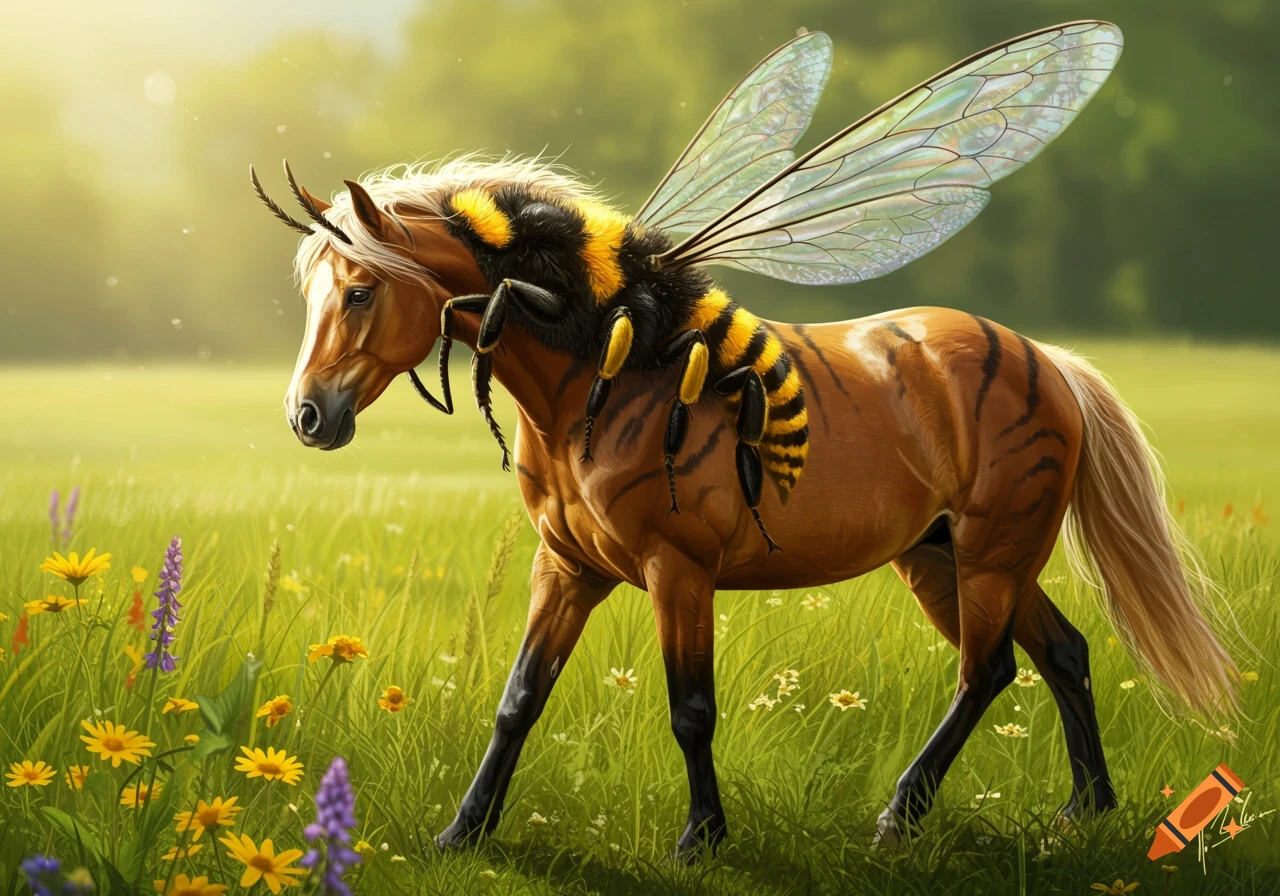 A horse-bee hybrid with stripes, wings, and antennae stands in a sunlit meadow with wildflowers.