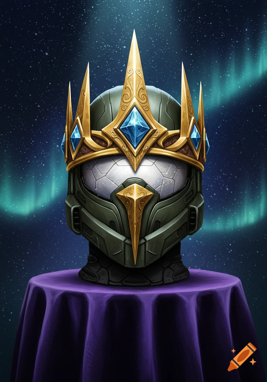 Futuristic dark green helmet with a golden crown adorned with blue gems, against a starry night sky with green aurora.