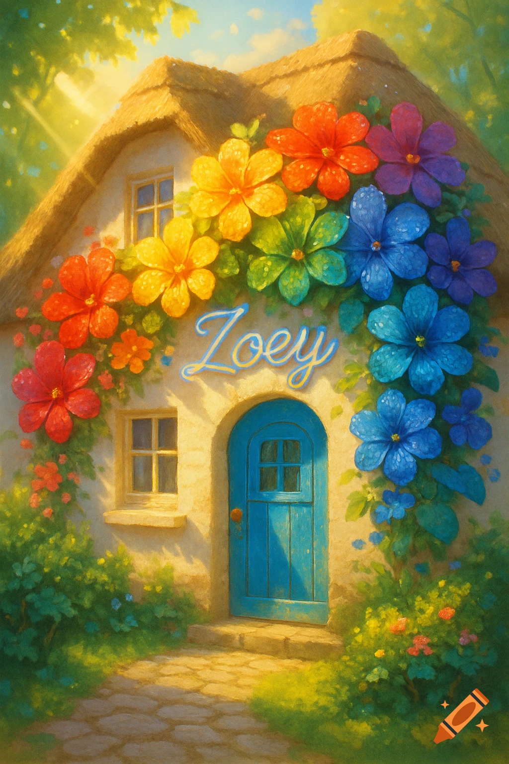 A whimsical cottage with a thatched roof, covered in rainbow flowers and the name 'Zoey' above the blue door, bathed in sunlight.