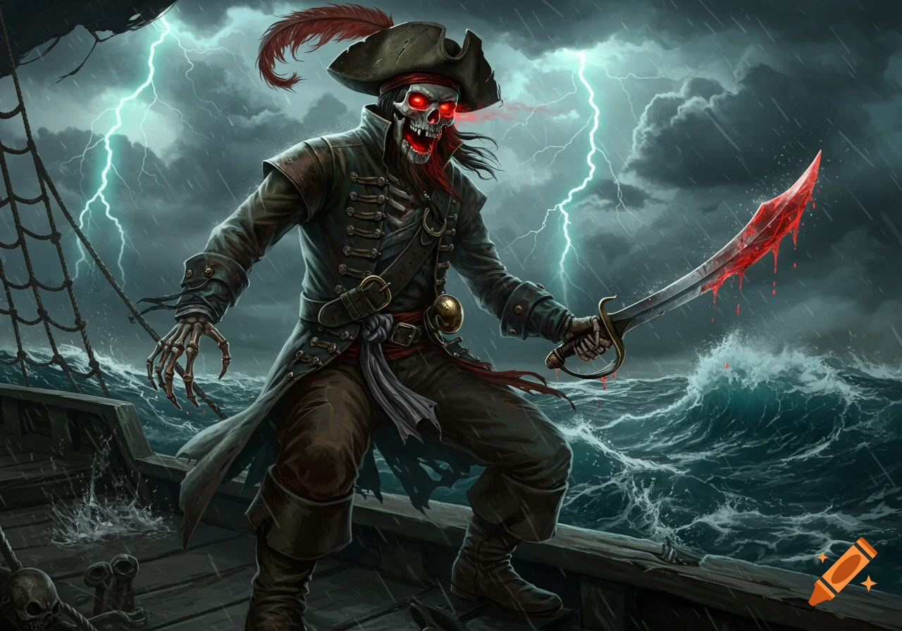 A menacing skeleton pirate with glowing red eyes stands on a stormy ship deck, holding a bloody sword as lightning flashes.