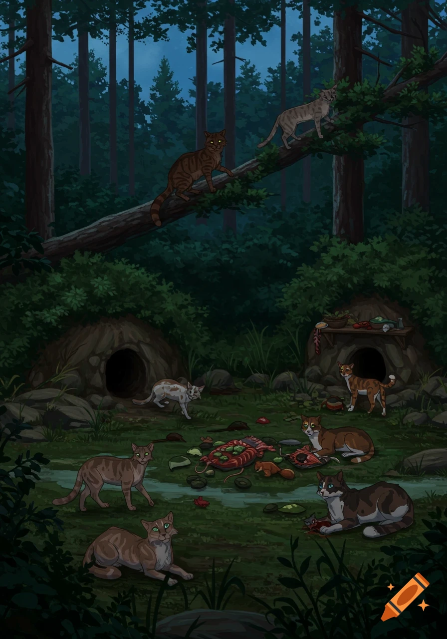 Illustration of several cats in a dark forest clearing with dens and a pile of killed prey.