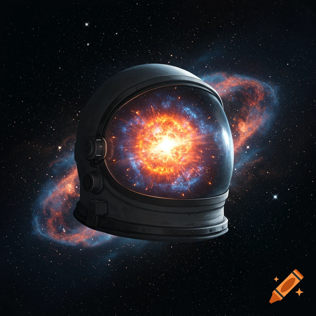 An astronaut helmet floats in space, reflecting a vibrant orange and blue supernova explosion within its visor.
