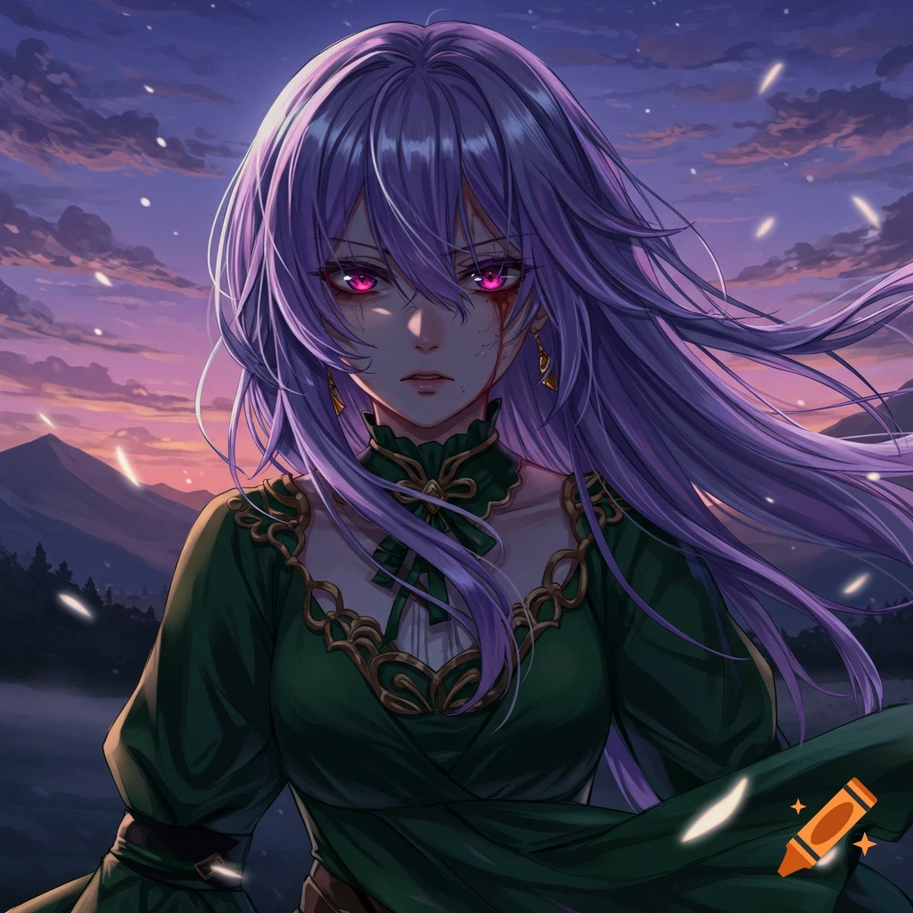 Anime girl with long purple hair and glowing pink eyes, wearing a dark green dress, stands outdoors at sunset with mountains in the background.