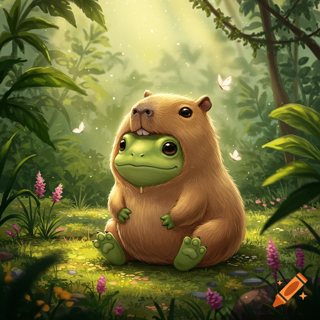 A cute, cartoon baby frog sits in a capybara costume on a forest floor with green plants and pink flowers, with butterflies in the air.