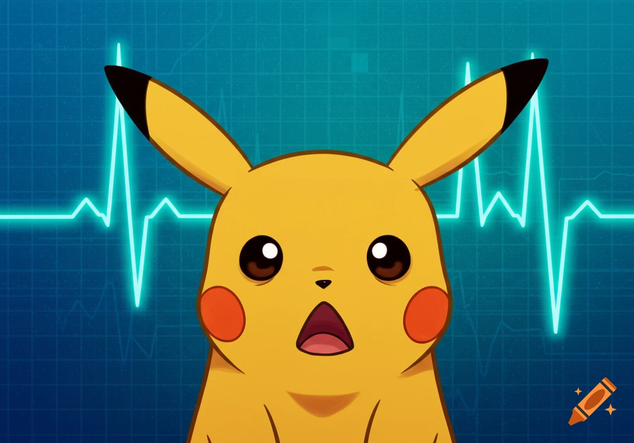 A surprised Pikachu with an EKG heart monitor rhythm in the background.