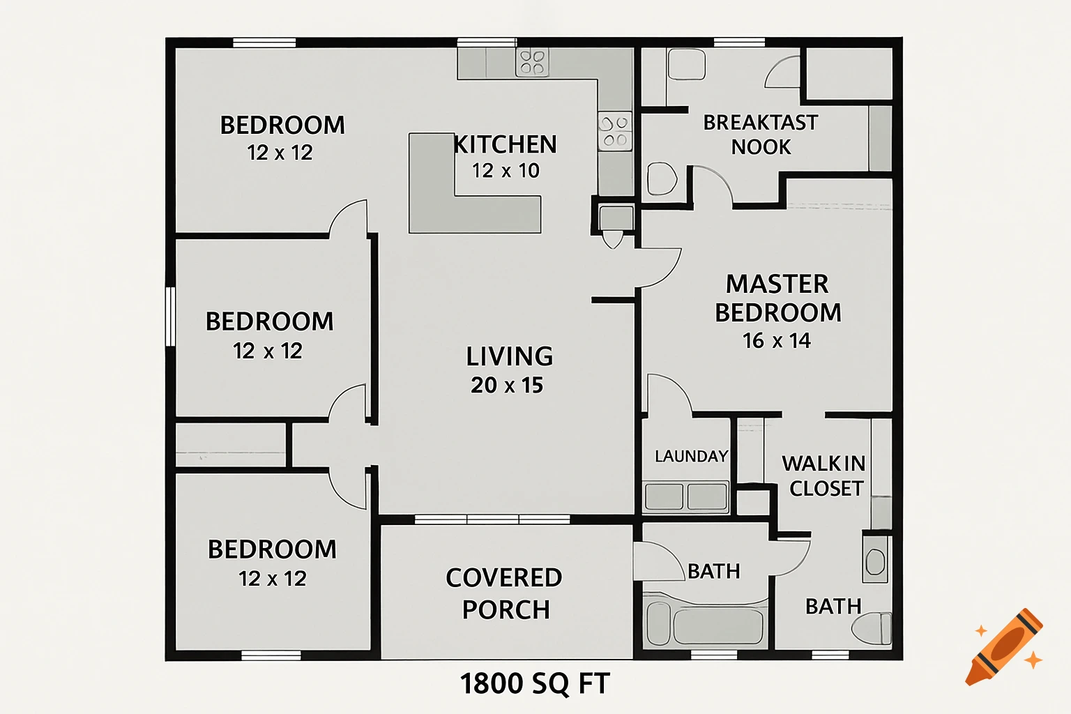 A 2D overhead floor plan of a modern house, showing rooms like living, kitchen, bedrooms, bathrooms, and a porch, with dimensions and labels.