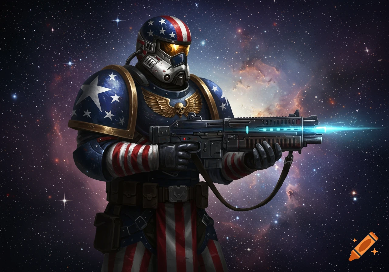 A detailed space marine in red, white, and blue American flag armor holds a glowing sci-fi rifle in front of a starry nebula.