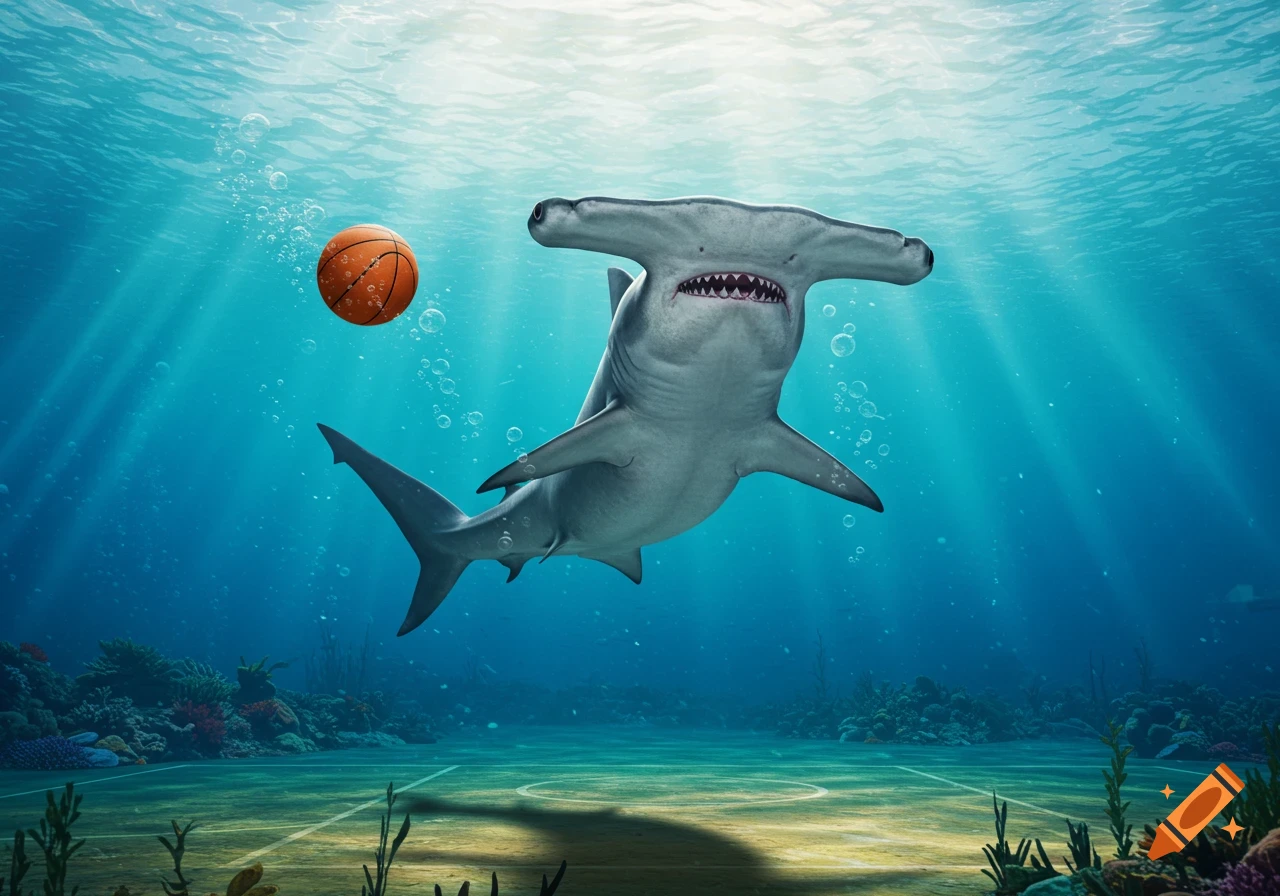 A photorealistic image of a hammerhead shark underwater, looking at an orange basketball. A basketball court outline is visible on the sandy seabed.