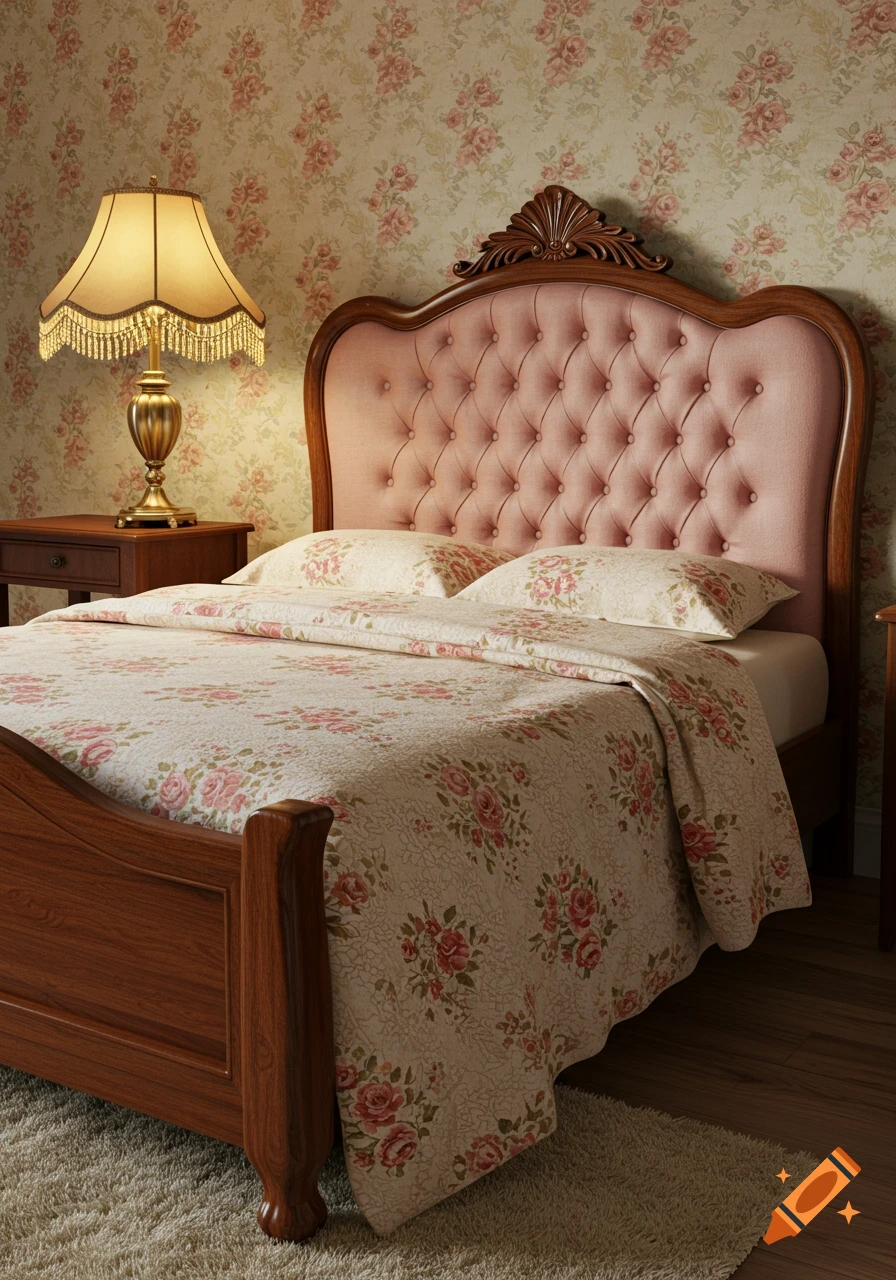 A vintage bedroom with a pink tufted headboard, floral bedding, a brass bedside lamp, and patterned wallpaper.
