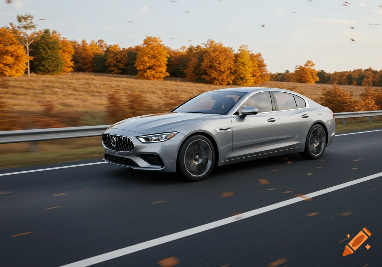 A silver sedan drives on a highway with a guardrail, surrounded by autumn trees and a blue sky.