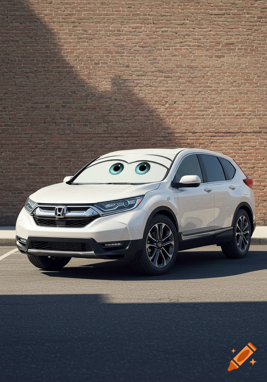 A white Honda CR-V with large, blue cartoon eyes, parked in front of a brick wall.