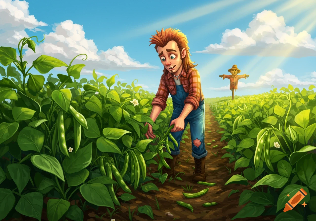 A cartoon illustration of a scruffy man in overalls and a plaid shirt working in a lush green bean field under a sunny sky with a scarecrow in the background.