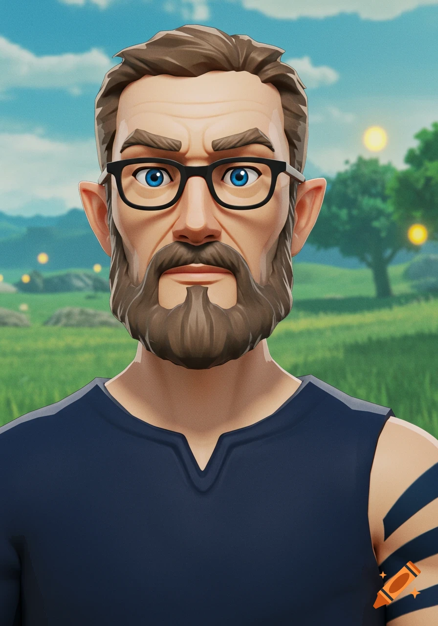 Cel-shaded portrait of a middle-aged man with a beard and glasses, set in a painterly fantasy landscape.