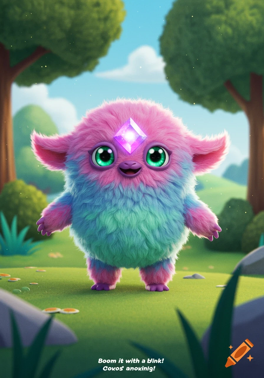 A cute, fluffy, pink and blue alien creature with green eyes and a purple crystal on its forehead stands in a grassy, cartoon forest.