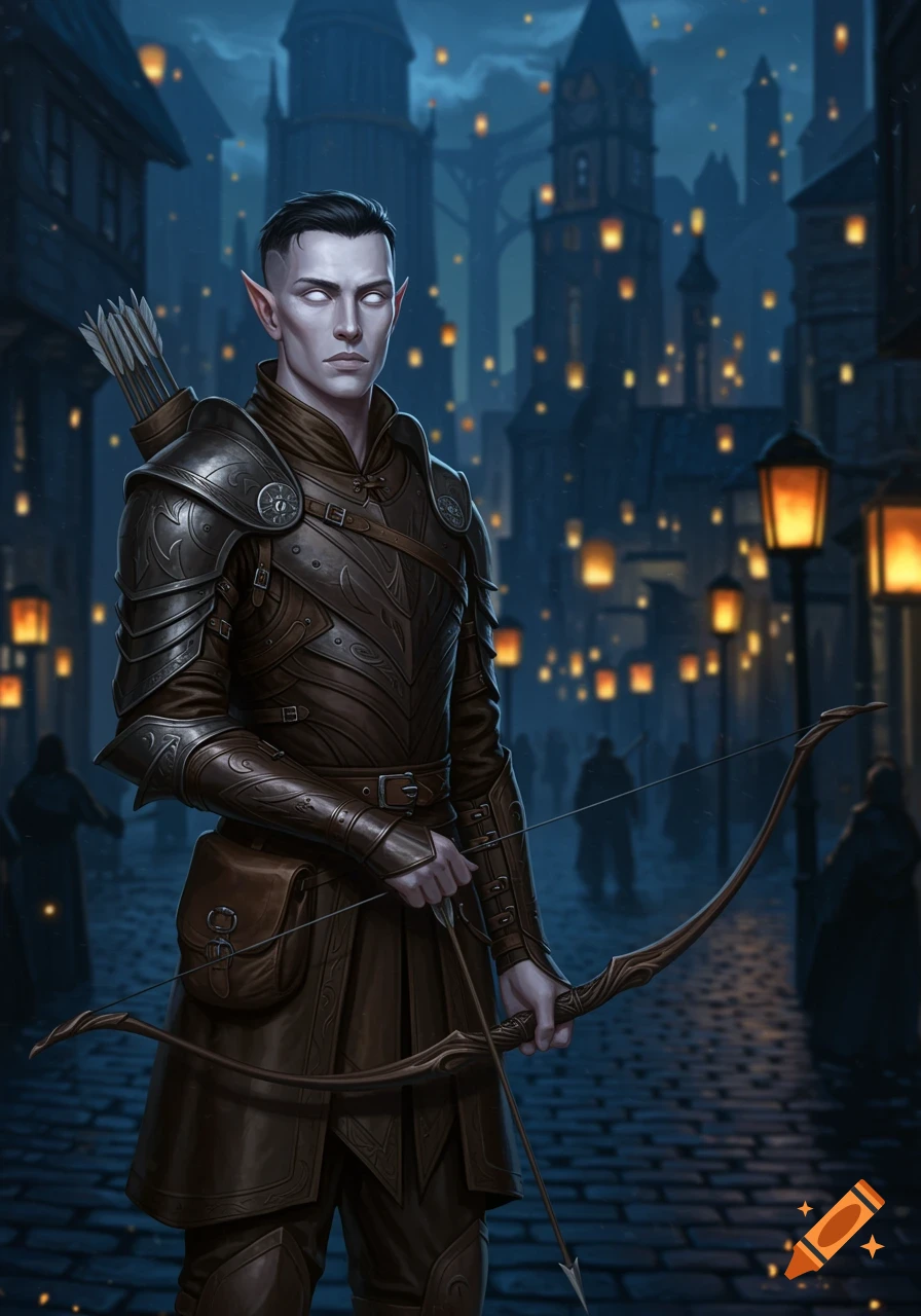 A pale-skinned male elf in detailed leather armor holds a longbow in a night fantasy cityscape with glowing lanterns.
