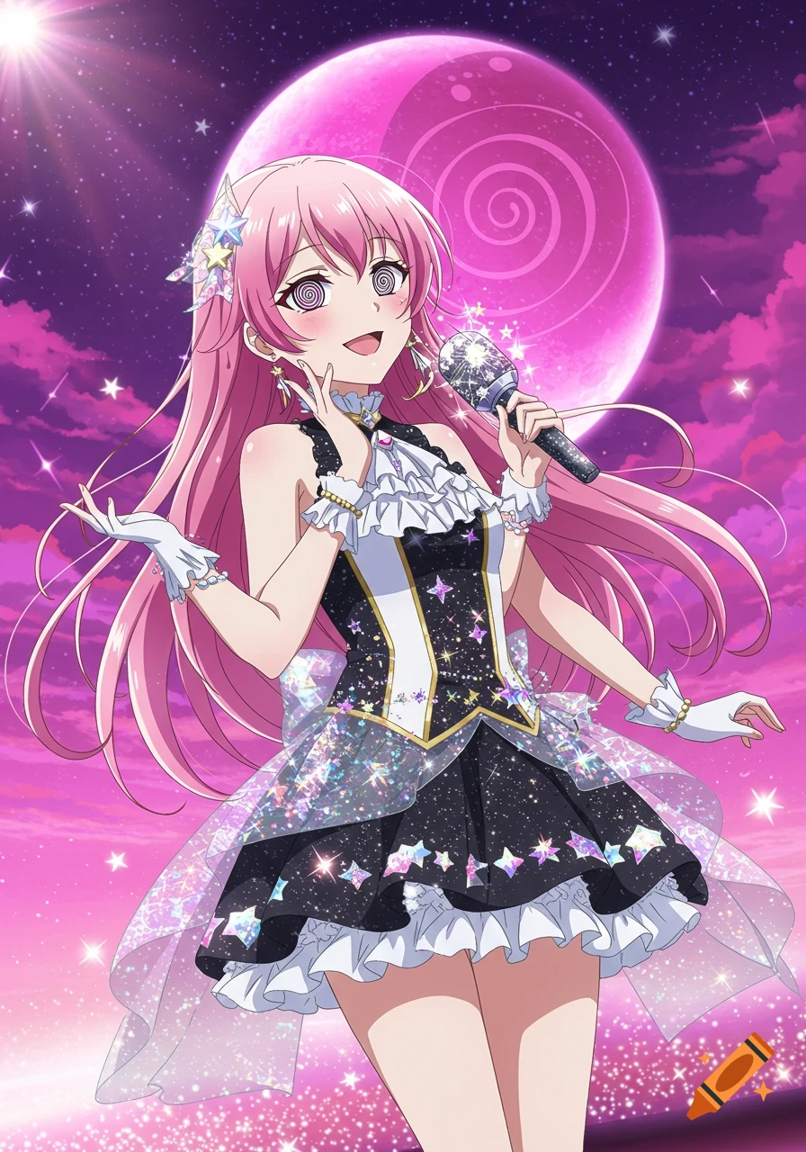 An anime girl with pink hair and hypnotic eyes sings into a sparkling microphone, wearing a starry idol dress under a pink, spiral moonlit sky.