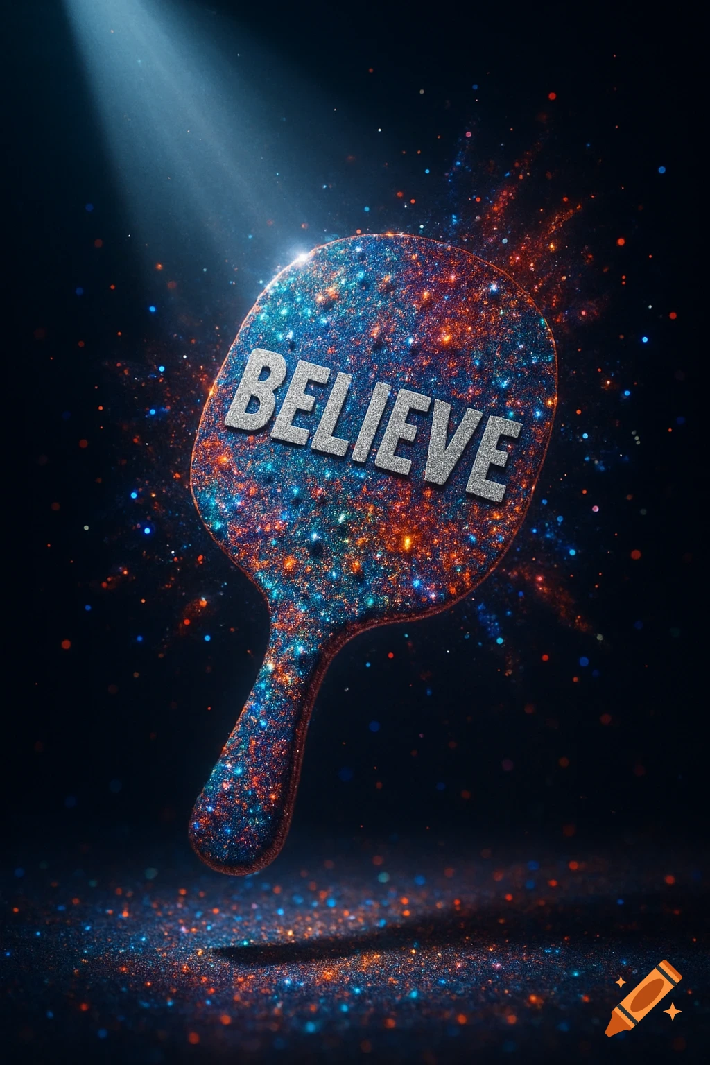 A bedazzled paddle, covered in blue and orange glitter, features the word 'BELIEVE' in silver lettering, illuminated by a spotlight.