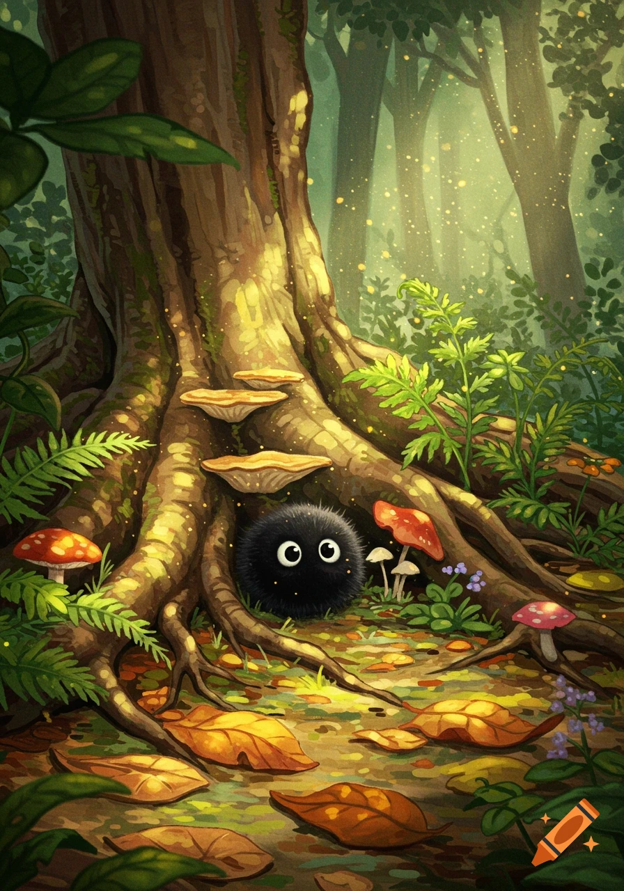 A cute black soot ball with wide eyes peeks from tree roots in a magical forest scene with mushrooms and glowing dust. Illustrated style.