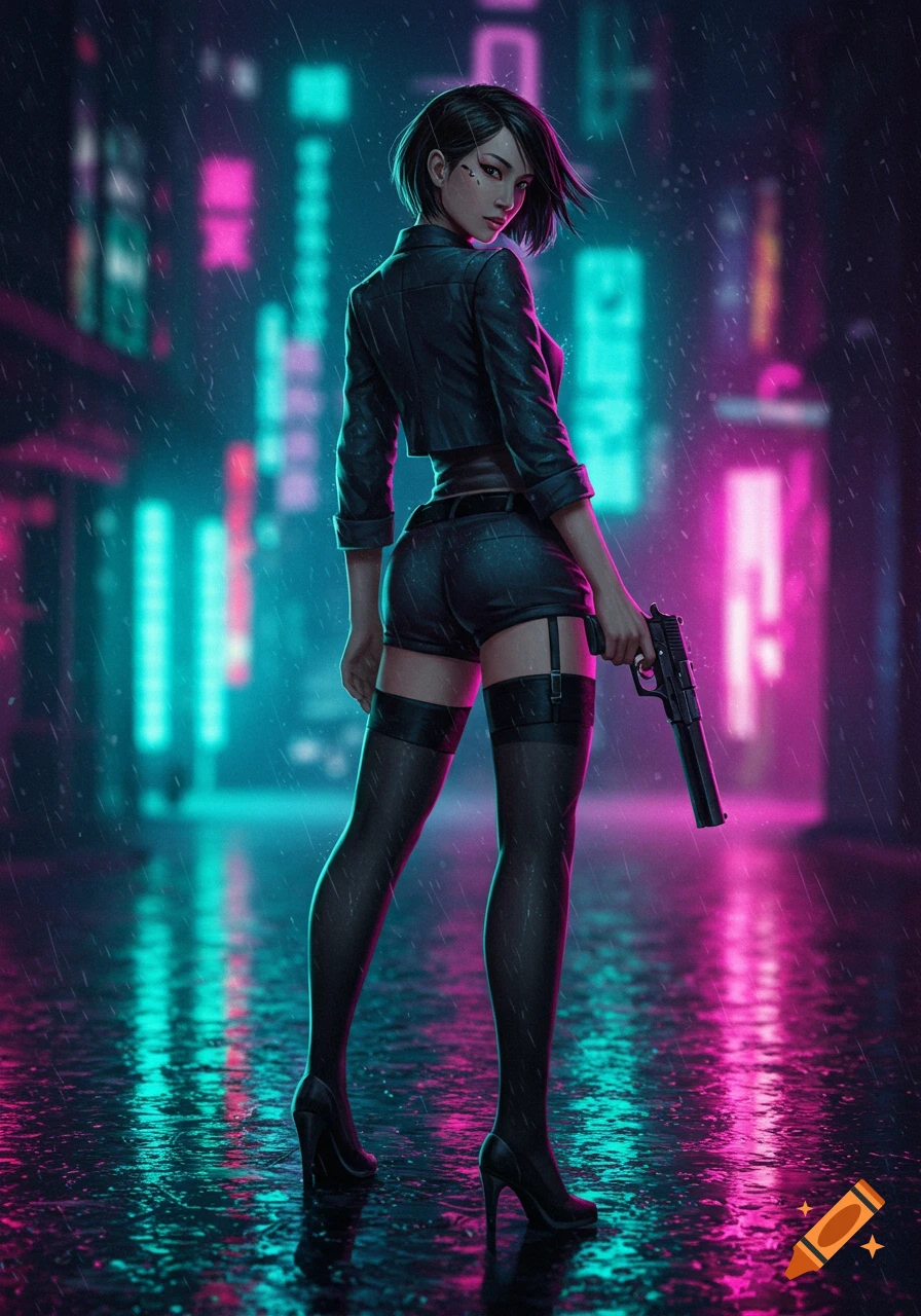 A short-haired woman in a leather jacket and short shorts, holding a pistol, stands in the rain on a neon-lit futuristic street.
