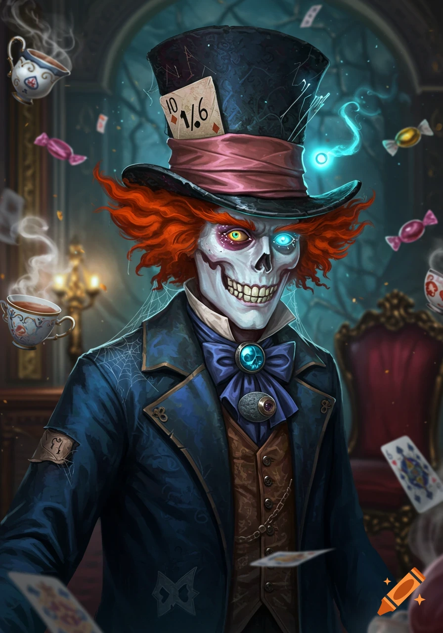 A skeletal Mad Hatter-like figure with red hair, a top hat with a 10/6 card, and a blue suit, grinning with glowing eyes in a dark room with floating teacups and cards.