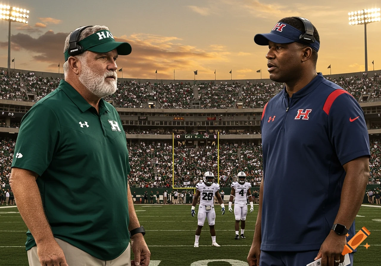Two football coaches, one older with a white beard and green uniform, the other younger and Black with a blue uniform, stand facing each other on a football field with a stadium full of fans and players in the background at sunset. Photorealistic style.