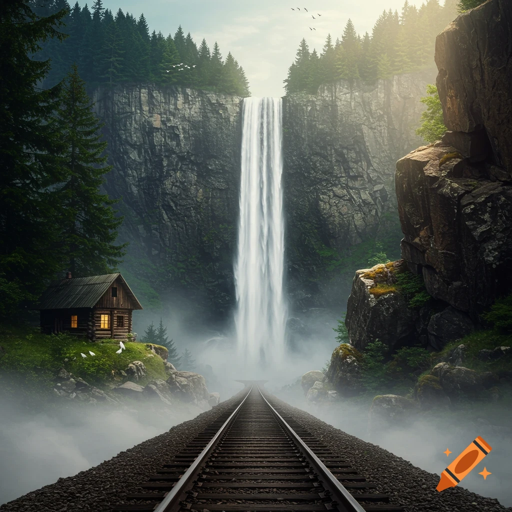 A train track leads through a misty valley towards a massive waterfall cascading down a towering cliff, with a small cabin nestled among trees on the left.