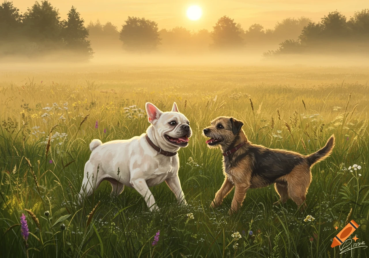 A white French Bulldog and a brown Border Terrier stand happily in a misty, sunlit field at sunrise.
