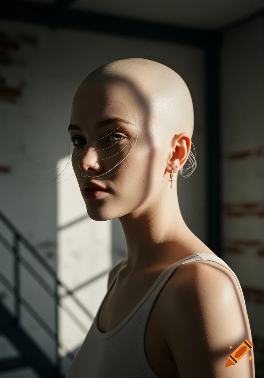 Close-up portrait of a woman with a shaved head and green eyes, wearing a tank top. She is looking slightly to the left, with dramatic light and shadows on her face from a window pattern.