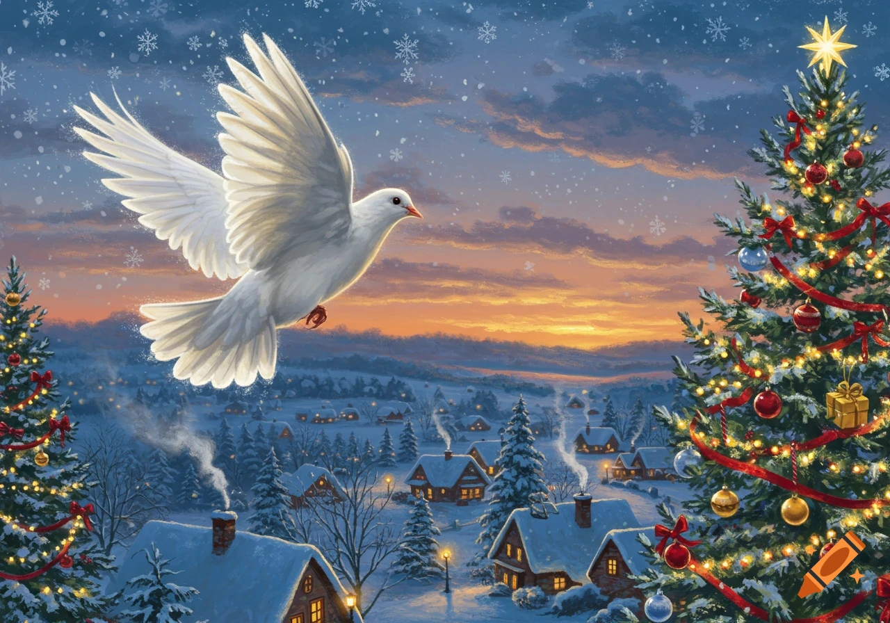 A white dove flies over a snow-covered village with illuminated Christmas trees and falling snowflakes at sunset.