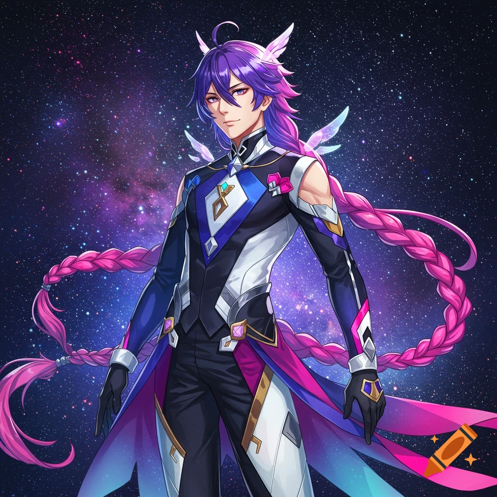 Anime-style male character with purple hair, long pink braid, and futuristic outfit against a starry galaxy background.