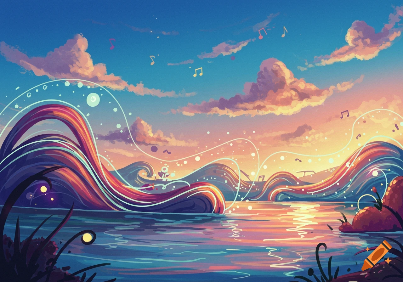 Vibrant abstract landscape with swirling, colorful lines over water and hills, under a sunset sky with floating musical notes.