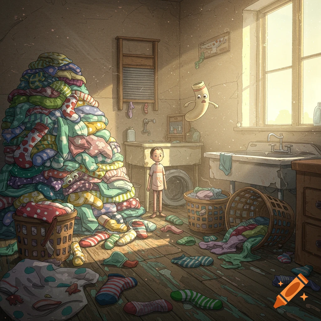Cartoon illustration of a child in a messy laundry room with a huge pile of clothes, scattered socks, and a floating sock character.