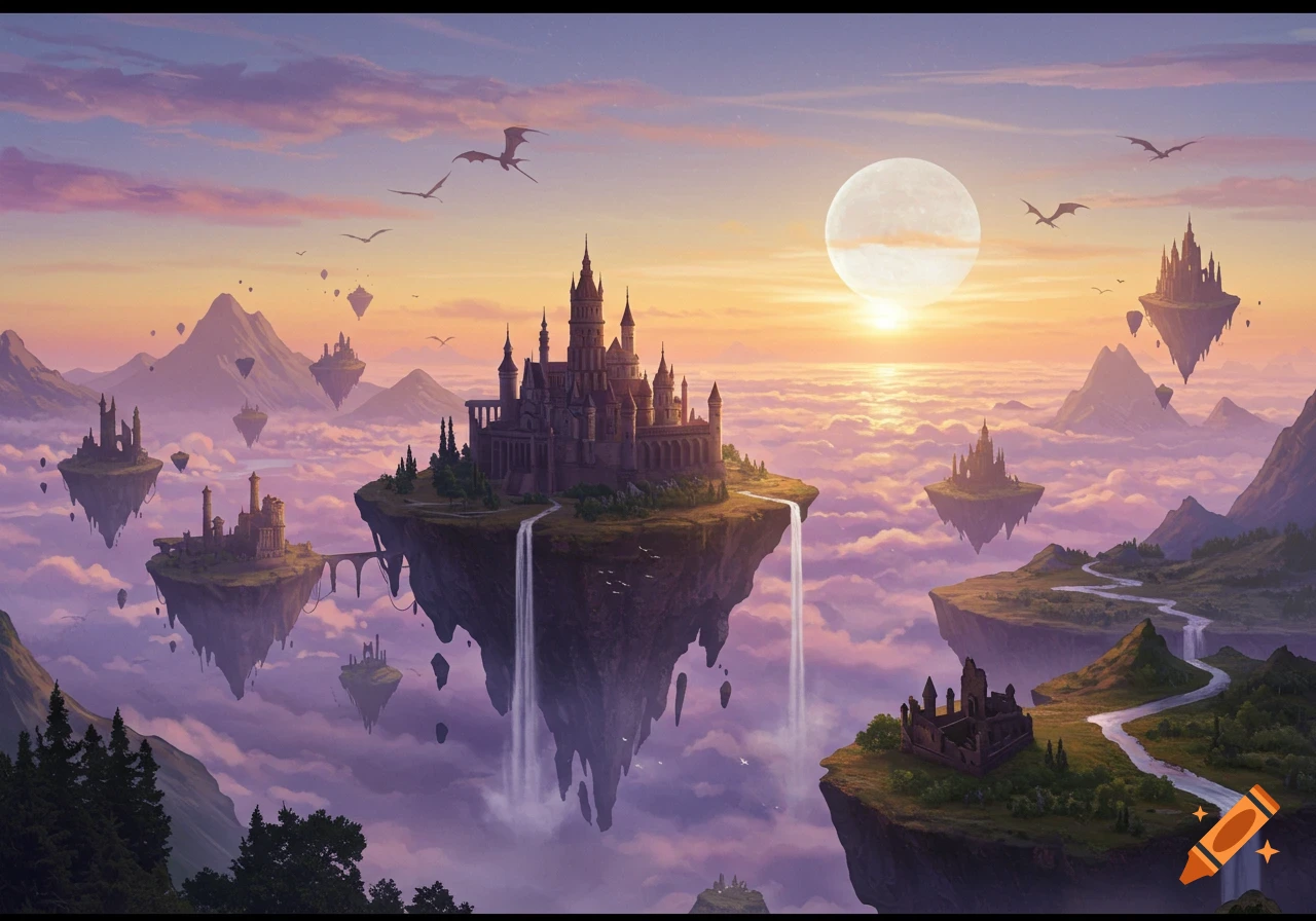 A fantastical digital painting of floating islands with castles and ruins, under a twilight sky with a full moon and dragons.