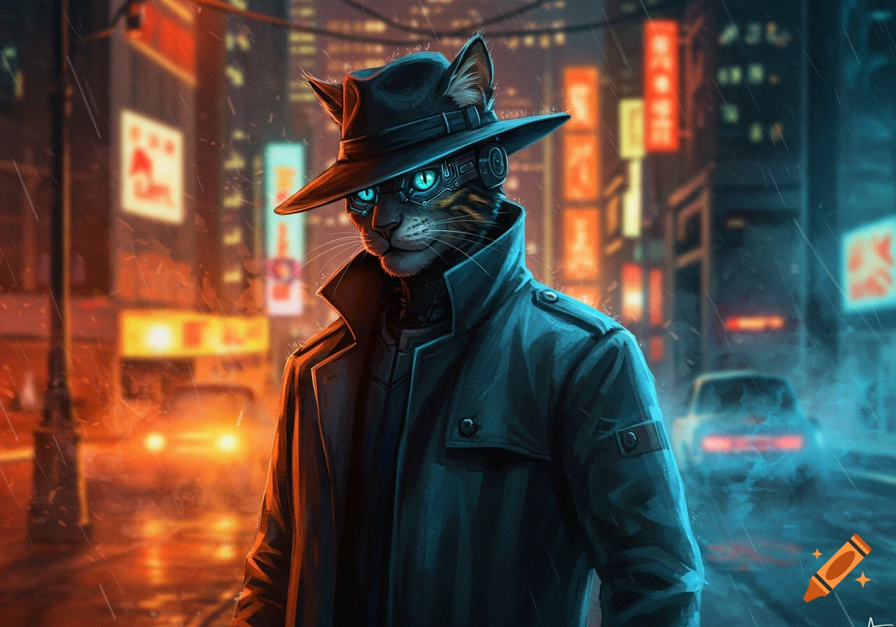 A cyberpunk cat in a trench coat and fedora stands in a rainy, neon-lit city street at night, with glowing signs in the background.