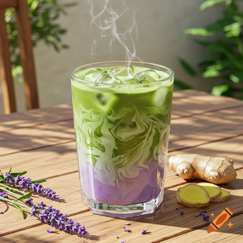 A tall glass on a wooden table holds a vibrant green, white, and purple layered iced drink with ice and steam. Lavender sprigs and ginger are beside it.