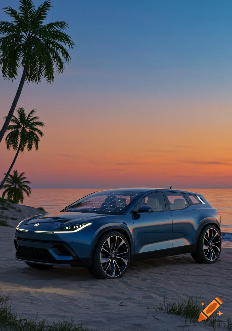 A blue electric SUV, a Fisker Ocean, with solar panels on its roof, parked on a sandy beach with palm trees at sunset.