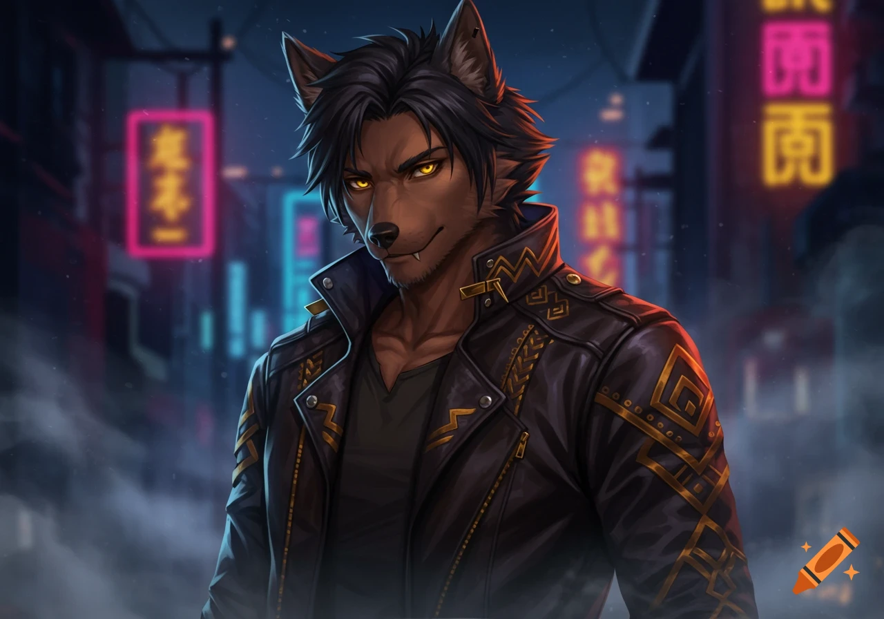 Anime-styled humanoid wolf in a leather jacket with glowing eyes stands in a neon-lit cyberpunk city street.