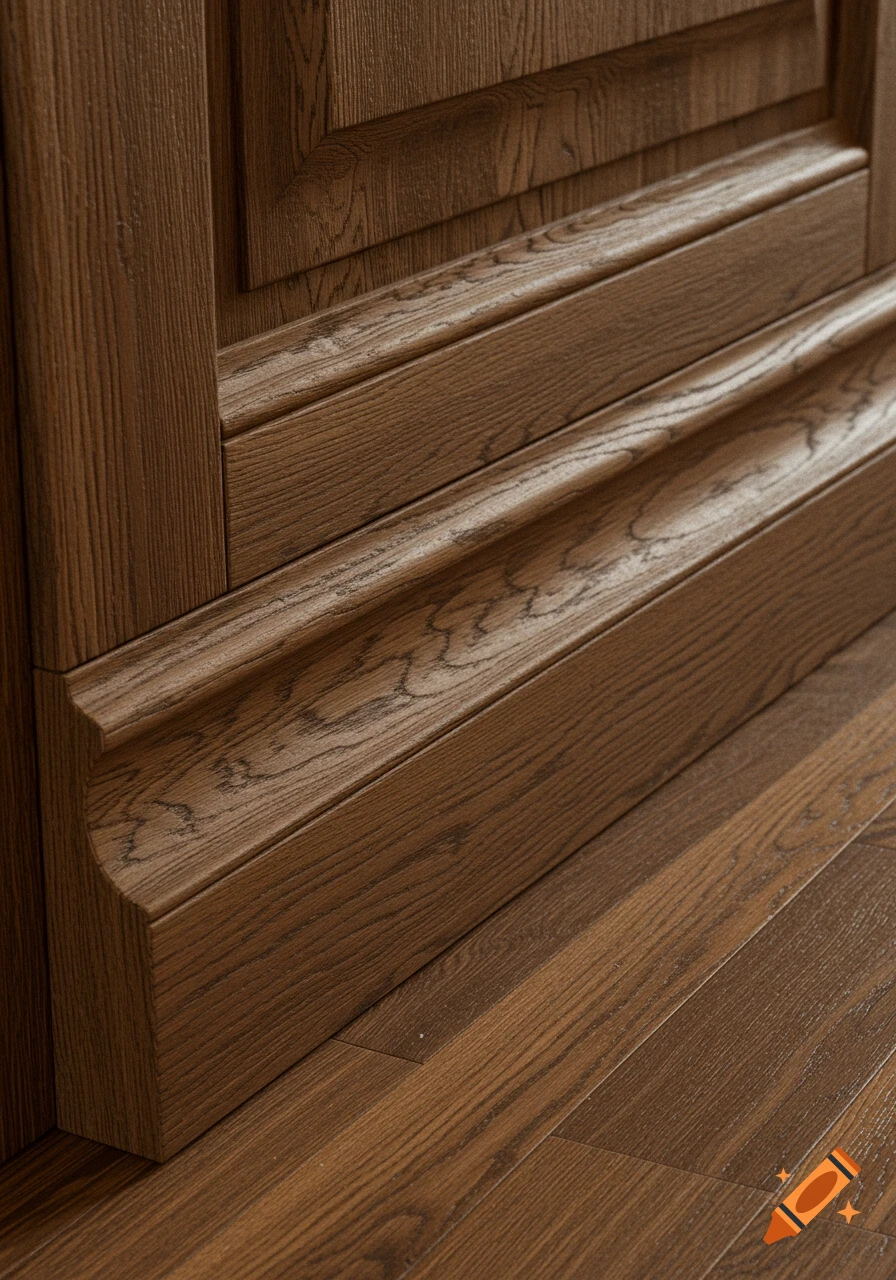 Close-up of a detailed brown wooden baseboard with molding, meeting a matching wooden floor.