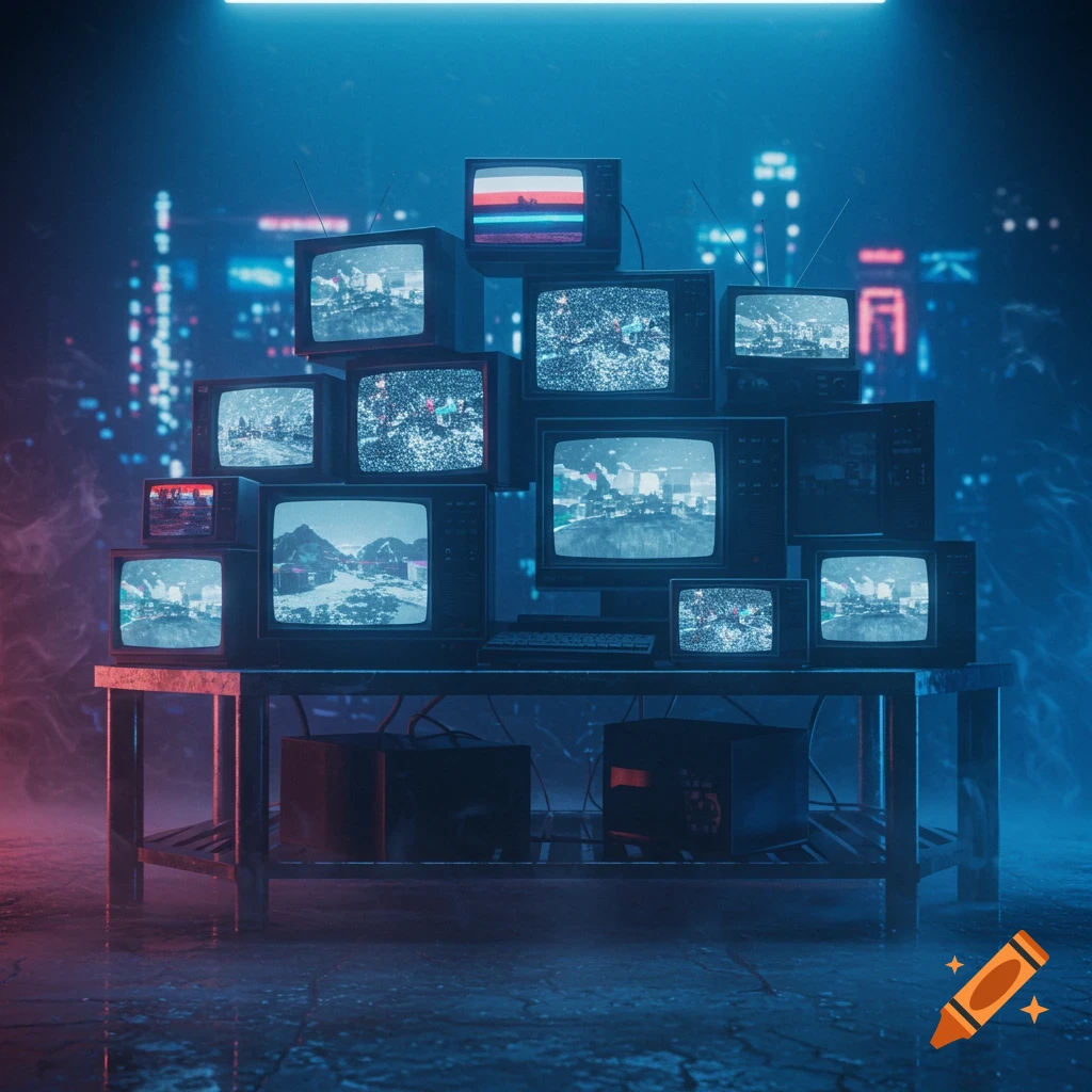 A stack of old televisions on a table in a neon-lit, misty city setting, displaying static and abstract landscapes.