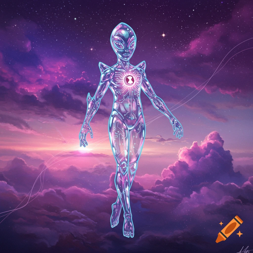 A translucent alien with internal circuitry and an Omnitrix symbol on its chest floats in a vibrant purple and pink cosmic sky.