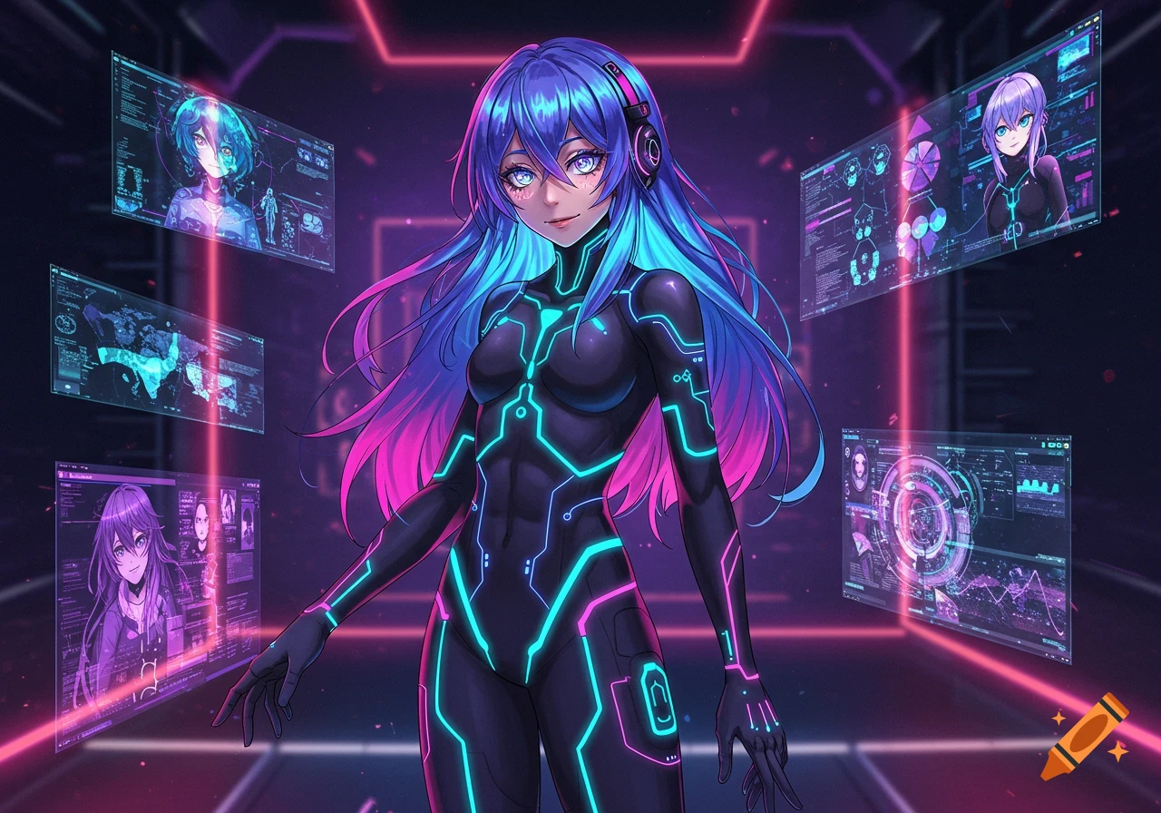 An anime character with long blue and pink hair, wearing a black suit with glowing cyan lines, surrounded by holographic screens displaying data and other anime characters, in a dark, neon-lit futuristic setting.