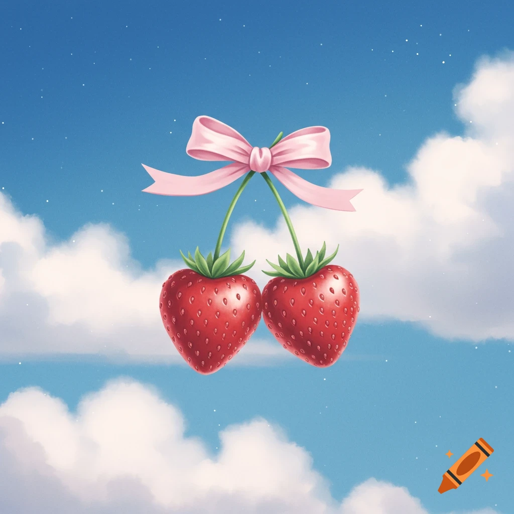 Two red, heart-shaped strawberries with green leaves, tied together with a pink bow, floating in a blue sky with white clouds.